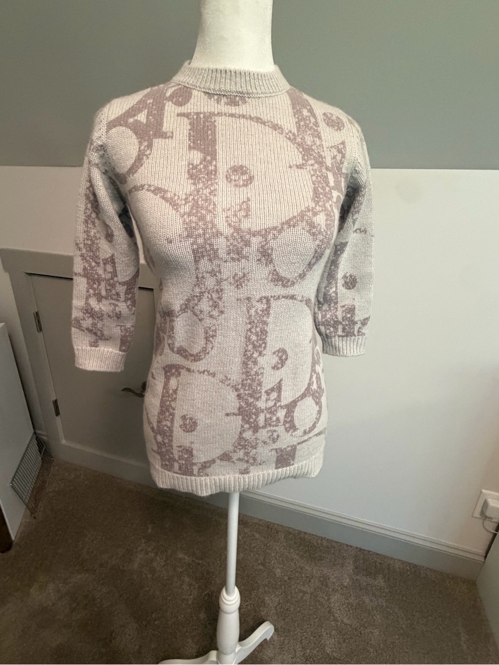 Christian Dior Girls Logo Knit Pullover Sweater Dress Cashmere Blend Gray/Pink 6